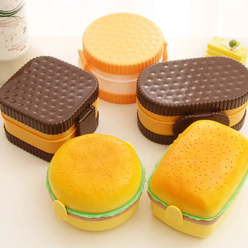 Bento Box Two Tier - ハンバーガー弁当箱 2 層かわいいハンバーガー弁当弁当箱電子レンジ食品容器フォーク食器セットフクロウコンパートメント